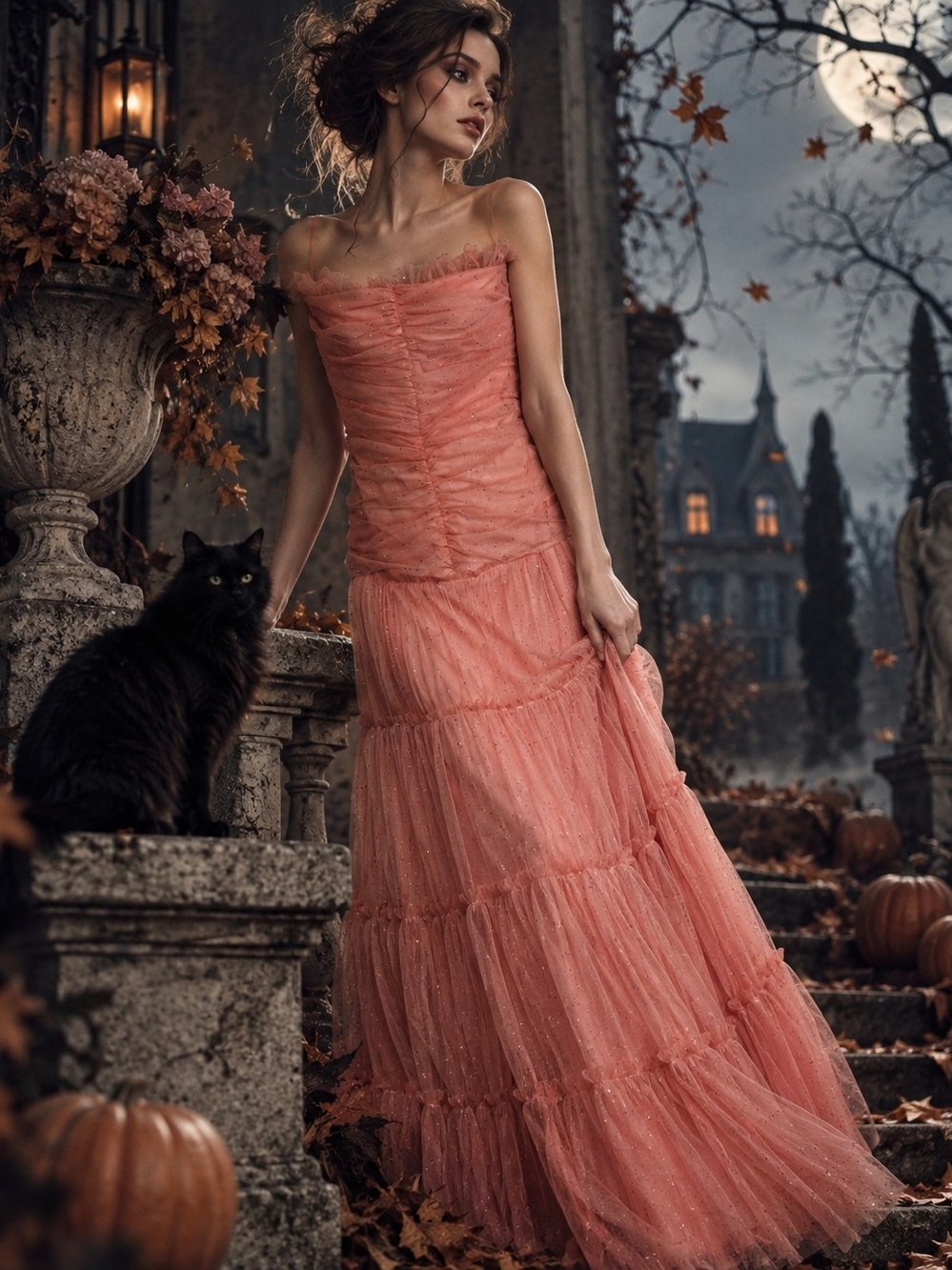 NWT Y2K Jessica McClintock Gunne Sax Coral Glitter Tulle Maxi Dress Sz 9